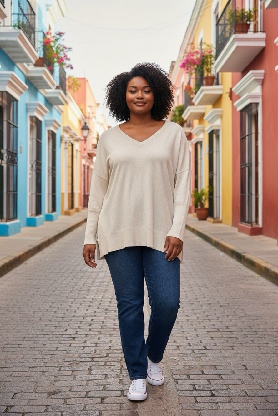 First Love Oversized V-Neck Sweater Cream Almond Super Soft Cozy Plus Size 2X